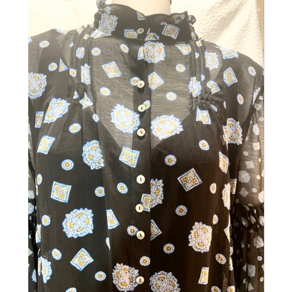 Free People Turn Turn Black Blue Medallion Boho Mini Dress Ruffle Mock Neck XS - Picture 7 of 13